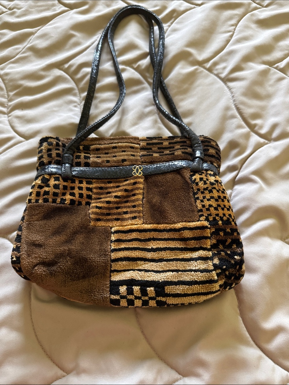 Vintage Carpet Patchwork Cara Brown & Black Shoulder Tuck Bag with Gold Accent